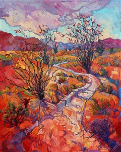 Bold desert color is expressively painted in thick strokes of oil paint by the artist. Her loose brush strokes are full of movement and life, bringing out her love for the desert landscape. Each stroke interacts and overlaps like stained glass, creating a true mosaic of color and texture.