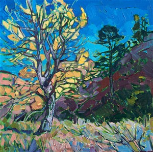 Inspired by a 5-day backpacking trip across Zion National Park, this painting captures the lively color and natural beauty of southern Utah in November. This petite painting was done on a linen panel, and it has been framed in a hand-carved gold frame.

This painting was displayed at the Zion Art Museum (located in Zion National Park) during the summer of 2017, for the exhibition <i><a href="https://www.erinhanson.com/Event/ErinHansonZionMuseum" target="_blank">Impressions of Zion</a></i>. 