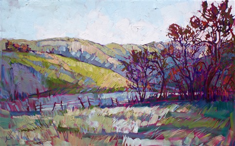 A cool, dew-covered morning in the grassy fields near Paso Robles, California. The thick application of oil paint gives this painting a very textural, sculptural effect.