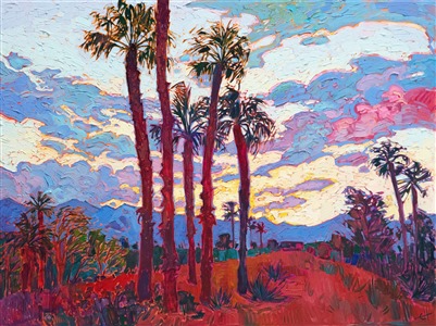 A dramatic desert sunset blooms with color above the Coachella Valley. Narrow palm trees stretch into the sky, completing the picture of desert beauty. The brush strokes are thick and impressionistic, alive with color and motion.

"Coachella Sunset" was created on 1-1/2" canvas, with the painting continued around the edges. The piece arrives framed in a contemporary gold floater frame, pictured above.