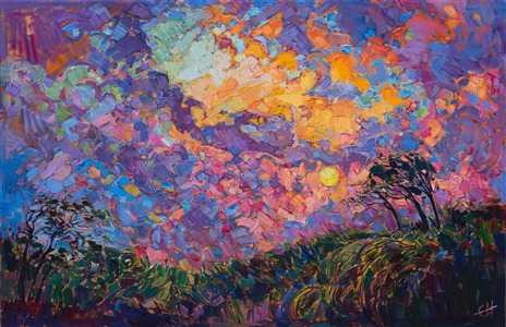 Fresh and vibrant, this dramatic oil painting transforms an ordinary sunset into a medley of emotional color.  Each brush stroke is thickly applied, worked wet-on-wet to achieve a beautiful contrast and color variation.  A contemporary impressionist work, this painting was inspired by the artists' springtime travels through the western United States.

This painting was created on gallery-depth canvas, with the painting continued around the sides of the canvas. This piece has been framed in a gold floater frame.