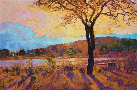 Early dawn light illuminates this landscape of rolling hills and placid waters.  The vibrant oranges and yellows of dawn play against the cool magenta shadows.  Each brush stroke is expressive and alive with motion and texture.

This painting was done on 1-1/2" canvas, with the painting continued around the edges.  The work will be delivered framed and ready to hang.

This painting will be featured at <a href="http://www.thewoodlandsartscouncil.org/" target="_blank">The Woodlands Waterway Art Festival</a> in 2018.  It will be available for purchase at the festival.
