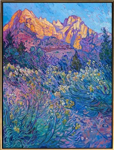 Yellow wildflowers blanket the valley floor in Zion National Park in late summer. This painting captures the first light of dawn striking the Court of the Patriarchs, as seen from the Pa'rus Trail. Thick brush strokes of oil paint laid side by side, without layering, capture the texture and color of the landscape.
<b>Note:
"Light of Dawn" is available for pre-purchase and will be included in the <i><a href="https://www.erinhanson.com/Event/SearsArtMuseum" target="_blank">Erin Hanson: Landscapes of the West</a> </i>solo museum exhibition at the Sears Art Museum in St. George, Utah. This museum exhibition, located at the gateway to Zion National Park, will showcase Erin Hanson's largest collection of Western landscape paintings, including paintings of Zion, Bryce, Arches, Cedar Breaks, Arizona, and other Western inspirations. The show will be displayed from June 7 to August 23, 2024.

You may purchase this painting online, but the artwork will not ship after the exhibition closes on August 23, 2024.</b>
<p>