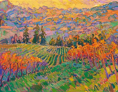 This impressionist painting of Oregon wine country captures the beautiful colors of the Dundee hills just before sunset. The rolling hills are covered in vineyards and pine trees, forming patterns of light and color across the landscape. This painting was created in Erin Hanson's Open Impressionism style, with thick, bold brush strokes that are applied without overlapping.