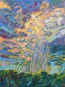 Texas rain showers down onto the low rolling landscape of western Texas.  The dramatic motion of the clouds creates a sense of drama in the piece, and the brush strokes are loose and impressionsitic.

This piece was created on 1/8" canvas board, and it has been framed in a black and gold plein air frame. 