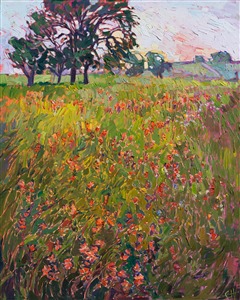 A blend of indian paintbrushes, poppies and bluebonnets sprinkle the hillside in vivid color. Each brush stroke is expressively applied, creating a mosaic of color across the grassy field. The contemporary impressionist style beautifully complements the lush color of Texas.

This painting was done on 1-1/2" deep canvas, with the painting continued around the edges of the canvas.