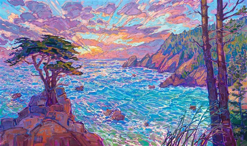 Radiant light spills from the sky in this epic painting of the Pacific coastline. Thick brush strokes of oil paint capture the ever-moving waves and luscious color of sunset.