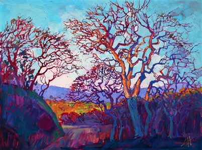 The winter oaks of central California have never looked so beautiful as in this dawn painting of Paso Robles. The early morning light seems to be refracted by the gnarled branches into a prism of rainbow hues. Each block of color stands alone in this painting, creating a stunning mosaic of texture and light.