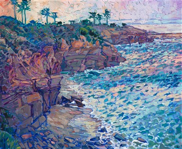 The moving waves of La Jolla Cove are captured here in thick, impressionistic brush strokes.  The seascape beckons to early morning divers and hikers, a beautiful vision of natural beauty at dawn.

This painting was done on 1-1/2" canvas, with the painting continued around the edges of the canvas. The piece arrives framed and ready to hang.