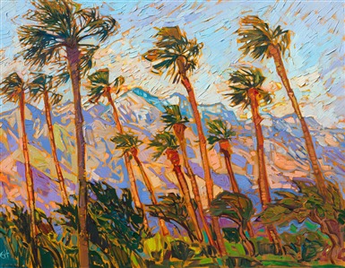 Palm Springs is famous for its rugged, tall mountainscape and everpresent palm trees. This painting captures the beauty of the California desert with thick, expressive brush strokes and vibrant hues of gold, purple, and blue.

"Palm Mountains" is an original oil painting done on stretched canvas. The piece arrives framed in a gold "EH" frame, ready to hang.