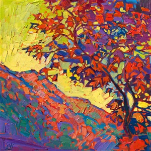 A brilliant red maple catches the first light of dawn, blazing in fall glory. This painting of the White Mountains in New Hampshire captures all the beauty of autumn with bold, expressive color.

"White Mountains Maple" was created on fine linen board. The piece arrives framed in a plein air frame, ready to hang.