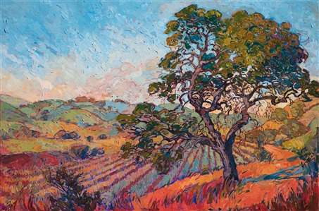 Soft colors of late afternoon illuminate this landscape of California wine country.  The brush strokes are loose and impressionistic, capturing the feeling of transient light and ever-changing vistas.  The gnarled oak tree stands large and impressive against the softly rolling hills and cultivated land in the background.

This painting was done on 1-1/2" canvas, and it has been framed in a champagne gold, carved floater frame.