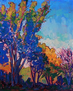 Drinking wine and playing Scrabble in a winery off the 46 highway, the artist saw these beautiful sunset colors in the nearby trees. The rich jewel tones of the shadows competed in beauty with the fading crystal light of late afternoon.