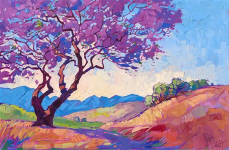 Luscious color and juicy texture capture a California jacaranda tree in bloom. This painting was featured on the cover of Hanson's first coffee table book, <i>Open Impressionism.</i>