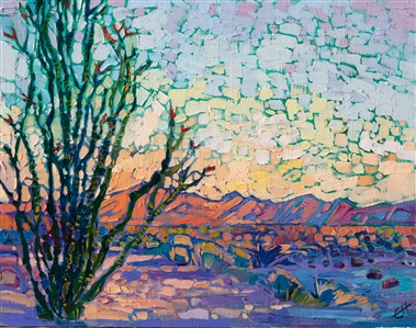A lone ocotillo stands against a backdrop of fading color, the last light of day illuminating the distant buttes with shades of pink and orange. Long purple and blue shadows stretch across the sandy desert floor, and a beautiful sky in the colors of Arizona covers the heavens above.

"Arizona Sky" was created on linen board, and it arrives framed in a hand-carved and gilded frame.