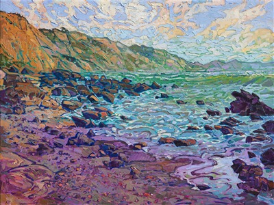 A rainbow of color floods this painting of the southern California coastline. The vivid oranges of the Torrey Pines cliffs are a beautiful contrast to the opalescent hues of Black's Beach below. Each brush stroke is full of life and thick with texture, capturing the joy of being out of doors.

This painting was created on 1-1/2" canvas, with the painting continued around the edges of the canvas. The piece has been framed in a custom-made, gold floater frame.
