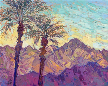This abstract impressionist oil painting captures the desert beauty of La Quinta's Cove, tucked up in the foothills of the Santa Rosa Mountains. Thick brush strokes capture the delicate color hues of these rocky mountains.

