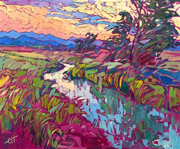 A winding river of light catches the reflections of a brilliant orange sunset sky, in this open impressionism painting by Erin Hanson. The brush strokes are loose and expressive, capturing the movement and vibrancy of the scene.

"River of Light" is an original oil painting on linen board, and the piece arrives framed in a plein air frame, ready to hang.