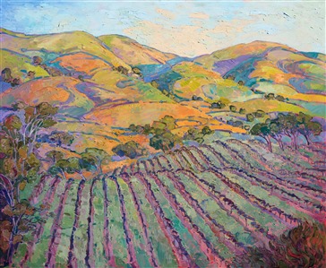 This large oil painting captures all the beauty of Paso Robles wine country. The rolling hills and rows of vineyards are very picturesque and a joy to paint. The expressionistic use of color adds an emotional feeling to painting, transporting the viewer into their own imagination.

This painting was done on 1-1/2" canvas, with the painting continued around the edges.  It has been framed in a carved gold floater frame.