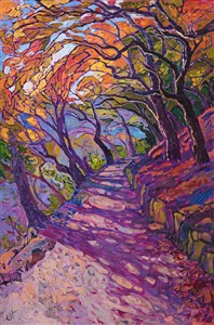 Colorful boughs of autumn leaves embrace the pathway leading along the hillside. The light peeking through the trees creates a mosaic, or stained-glass look. The brush strokes in this painting are thickly applied, alive with texture and motion.

This painting will be framed in a custom-made, gold floater frame. The piece was created on gallery-depth canvas, with the painting continued around the edges of the canvas.