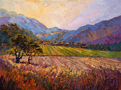 Carmel Valley is surrounded by layers of purple mountains that change color as the sun sinks towards the sea.  The light in this valley is the epitome of the mystical "California light" that artists always search for.  This painting captures the beauty and majesty of this special landscape.

This painting was done on 3/4" canvas, and the piece has been framed in a traditional dark wood frame. Read more about the <a href="https://www.erinhanson.com/Blog?p=AboutErinHanson" target="_blank">painting's details here.</a>