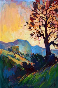A myriad mosaic of colors filter through the dark oak branches, sparkling with blues, lavenders and yellow. The impressionistic style of this painting captures the movement and life of the California landscape.