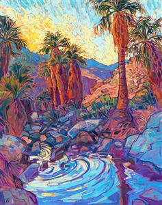 Running pools of water ripple between tall palm trees at Indian Palms oasis, near Palm Springs. The sunset sky is reflected in the oasis water, and the abstract shapes of the desert are beautifully captured in the Open Impressionist style.

"Oasis Waters" is an original oil painting on stretched canvas. The piece arrives framed and ready to hang.