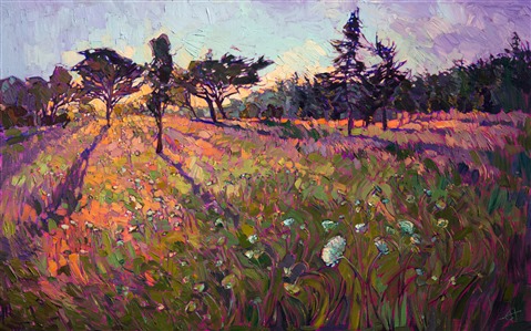Crystalline light plays through the distant pines and trees at the horizon, their warm glow playing among the wildflowers and the dusky grasses.  The rich, thickly applied brush strokes of oil create an impressionistic, painterly effect that excites the imagination.

This painting was created on a gallery-depth canvas with the painting continued around the edges. It arrives framed and ready to hang.

Exhibited: "Impressions in Oil", Studios on the Park. Paso Robles, CA. 2015
