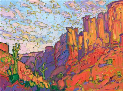 The American West is painted in iconic colors of orange, purple and green. The thick, impressionistic brush strokes capture the texture of the sandstone buttes. Each brush stroke fits together on the painting like a mosaic made of oil paint. 

"Saguaro Buttes" is an original oil painting created on fine linen board. The piece arrives framed in a gold plein air frame. 