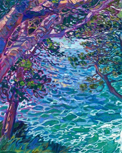 A grove of cypress trees off Highway 1 frames the swirling turquoise waters of the Pacific Ocean. The brush strokes are loose and expressive, capturing an impressionistic sense of movement and light within the scene.

"Cypress Waters II" is an original oil painting on linen board. The piece arrives framed and ready to hang. 

This piece will be displayed in Erin Hanson's annual <i><a href="https://www.erinhanson.com/Event/petiteshow2023">Petite Show</i></a> in McMinnville, Oregon. This painting is available for purchase now, and the piece will ship after the show on November 11, 2023.