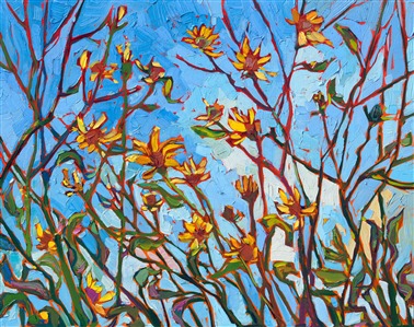 Petite wildflowers bloom in hues of sunshine yellow in this abstract impressionism oil painting by Erin Hanson. The piece was created on linen board, and the painting arrives framed in a wide, custom-made gold frame.

