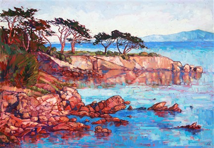 Lover's Point in Monterey is a beautiful little park edged with towering cypress trees that look like someone painted them onto the landscape with an artist's brush. This painting captures the glow of light reflecting off the sheltered water. The brush strokes in this painting are thickly applied with a loose, open hand.