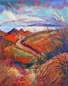Bold color streaks through this expressive painting of northern grasses. The brush strokes are thick and impressionistic, guiding your eye throughout the painting.