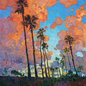 A line of palm trees stand tall against a boldly colored sky.  Rich hues of orange and lavender pop against the pale morning light.  This painting is alive with thickly textured brush strokes.

The painting was done on 1-1/2" canvas, with the painting continued around the edges.  It has been framed in a hand-carved open impressionist frame.