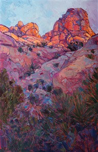 Joshua Tree National Park is most beautiful at dawn, the boulders glowing with myriad rainbow hues.  The shadows are rich with reflected color, a beautiful contrast to the sun-lit rocks in the distance.  The brush strokes in this oil painting are thick and impressionistic.

This painting was created on gallery-depth canvas with the painting continued around the edges. The painting will arrive in a beautiful hardwood floater frame, ready to hang.