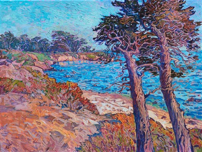 The stately cypress trees of the Monterey peninsula are a beautiful addition to the curving coastline and blue California skies. These wind-sculpted trees are captured here with thick, impressionistic brush strokes and vivid hues of oil paint.

This painting was created on 1-1/2" canvas, with the painting continued around the edges of the canvas. The piece has been framed in a gold floater frame and arrives ready to hang.