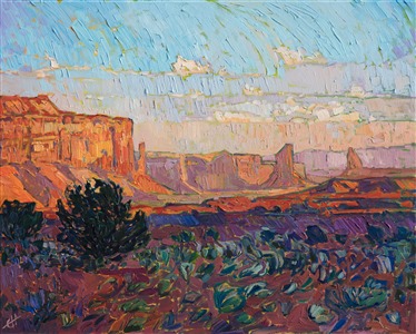 Watching dawn over Monument Valley is a breathtaking experience.  Each new minute brings a fresh vista of color before you, an ever-changing kaleidoscope of red rock hues. This painting was created with thick, impressionistic brush strokes of oil paint.

This painting was done on 1-1/2" canvas, with the painting continued around the edges of the canvas, and it has been framed in a custom, gold-leaf floater frame. The painting arrives ready to hang.