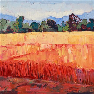 The thick, lush wheat fields of central Oregon turn beautiful shades of orange and gold in July. The distant mountains are blue in the summer atmosphere. This painting embodies the loose, impressionistic style of the artist.