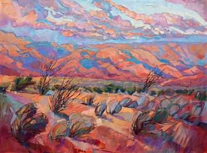 Stark desert plants and soft morning light capture the desert above the Coachella Valley. The dramatic shadows move you through the painting, the thick paint strokes jumping from the canvas in a mosaic explosion of color.

This painting was done on 2"-deep canvas, with the painting continued around the edges.  It has been framed in a soft white gold floater frame that complements the sage colors in the piece.