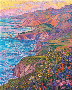 The view from Hurricane Point lets you see far down the California coastline in either direction, with Bixby Bridge and the distant curves of the coastline towards the Monterey Peninsula to the north. The brush strokes in this large oil painting are thick and impressionistic, capturing the movement and color of the scene.
