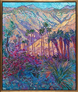 The steep desert mountains surrounding La Quinta, California, create epic inspiration for landscape painters like myself. I love capturing the striking contrasts of the high desert, especially the way the mountains glow with color in the first light of day.

"Santa Rosa Palms" is an original oil painting on stretched canvas. The piece arrives framed in a modern, 23kt gold floater frame, ready to hang.