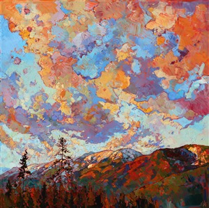 Fire-tipped sherbet clouds hover dramatically over this Montana mountain range, near Glacier National Park. The colors in Montana are striking, bright and clear in the springtime atmosphere. This painting brings the beauty of the outdoors to your own home.