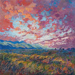 A burst of new light covers the landscape in a fresh coat of color, a transient moment of glory.  The brush strokes bring to life the movement and freshness of the wide outdoors, creating a mosaic of color and texture within the oil painting.