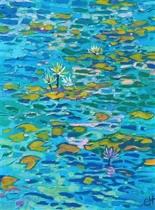 This painting was inspired by the water lilies garden in San Diego's Balboa Park. The brush strokes are thick and impressionistic, capturing the changing light and vibrant colors of the scene.

"Blue Lilies" is an original oil painting created on linen board. The piece arrives framed in a black and gold plein air frame.
