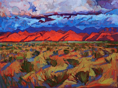 A wild, stormy afternoon, driving across the long highways of Arizona, inspired this bold and colorful painting.