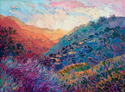 Vivid layers of color scintillate on the canvas, glowing with the beautiful light of central California wine country. The thick layers of buttercream-colored paint can only be described as "juicy."  This painting captures the life and motion of the wide outdoors, inspired by Carmel Valley, California.

This painting was done on 3/4" canvas, and the piece has been framed in a traditional gold frame.

