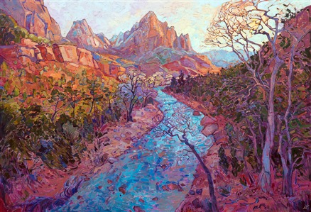 The bridge over the Virgin River, in Zion National Park, is a popular spot to catch the beautiful red cliffs and winding river.  This painting captures all the drama and magnificence of this amazing vista.  The oil paint was thickly applied with a brush, the impressionistic colors melding together to capture the fleeting light of dawn. This painting has been framed in a gilded floater frame.

This painting was displayed at the Zion Art Museum (located in Zion National Park) during the summer of 2017, for the exhibition <i><a href="https://www.erinhanson.com/Event/ErinHansonZionMuseum" target="_blank">Impressions of Zion</a></i>. 