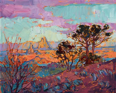 Brilliant desert color comes alive in this oil painting of Arizona.  This painting was inspired by the landscape north of the Grand Canyon.  The early winter air was clear and crisp, and you could see for miles and miles towards the distant buttes.

This painting was done on 3/4"-deep stretched canvas. It has been framed in a classic plein air frame and arrives wired and ready to hang.