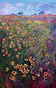 A sprinkling of Black Eyed Susans graces the hillside in this painting of Texas hill country.  Each colorful wildflower seems to be dancing among the long, flowing grasses. The brush strokes in this painting are alive with motion and texture, pulling your eye upwards to the clouded sky. 

This painting was done on 1-1/2" deep canvas, with the painting continued around the edges, wrap-around style. The painting has been framed in a carved gold floater frame.