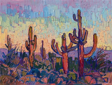 This painting captures the stately saguaro north of Scottsdale, Arizona. The early morning light casts warm shades of sherbet across the prickly landscape.

This painting was created on linen board, and it arrives ready to hang in a custom-made frame.